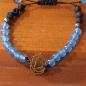 Antique Gold Tone Third Eye Chakra Blue & Black Lava Stone Adjustable Bracelet